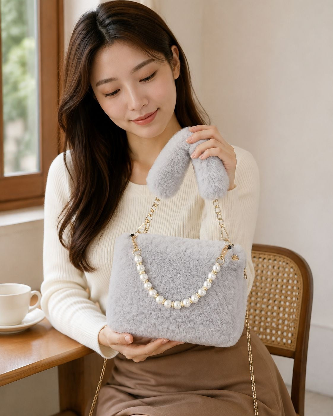 Gray faux fur crossbody bag with faux pearl beaded chain strap