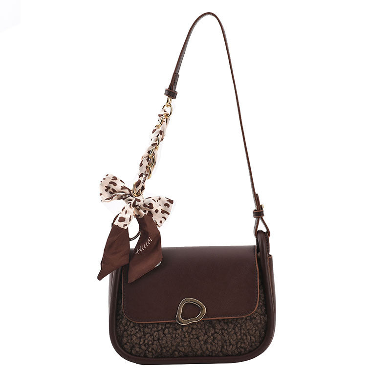 Small round velvet PU shoulder bag, brown with gold-tone O-ring and bow scarf strap