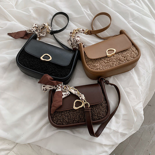 Small round velvet PU shoulder bag, black with gold-tone ring and bow scarf charm