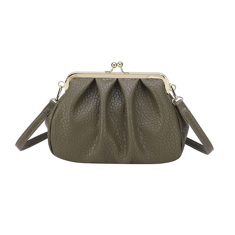 Olive textured clutch-style handbag with kiss-lock frame and side straps