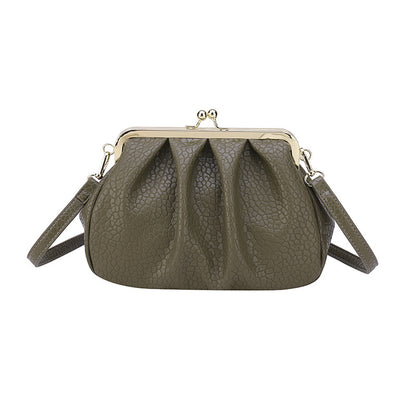 Olive textured clutch-style handbag with kiss-lock frame and side straps