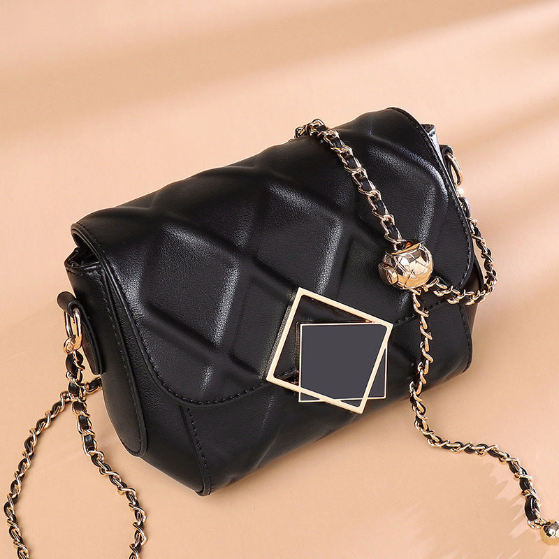 Black leather shoulder crossbody bag with chain strap and square front emblem
