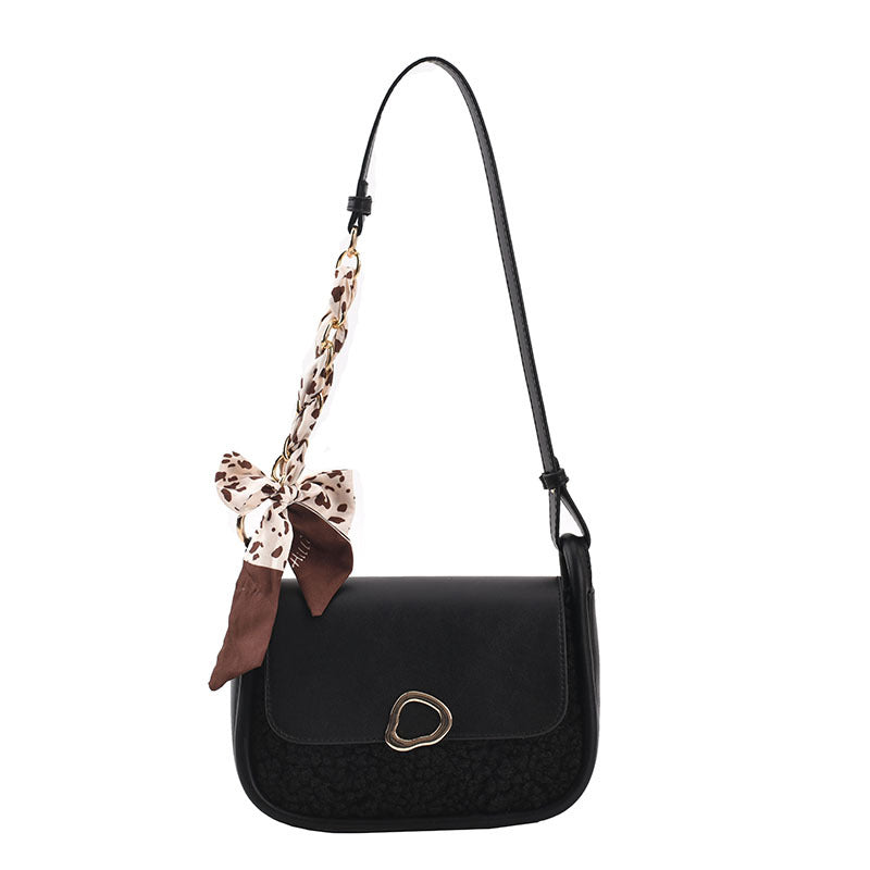 Small round velvet PU shoulder bag, black with gold-tone O-ring and bow scarf charm