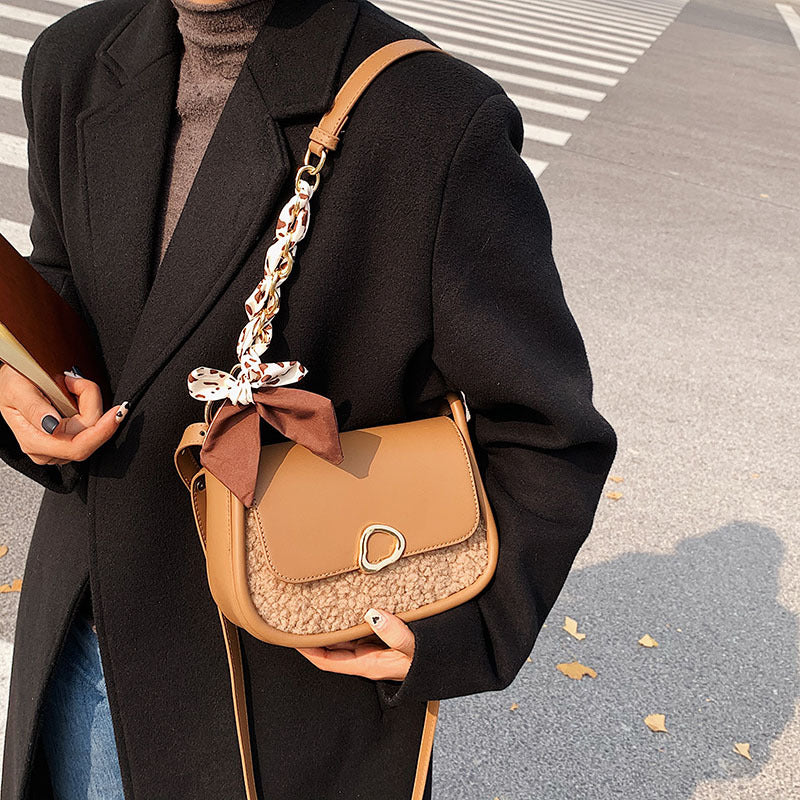 Small round velvet PU shoulder bag, coffee color with gold-tone ring closure