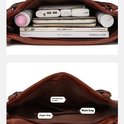 Inside view of brown tote with main compartment, zipper pocket, and card/phone slots