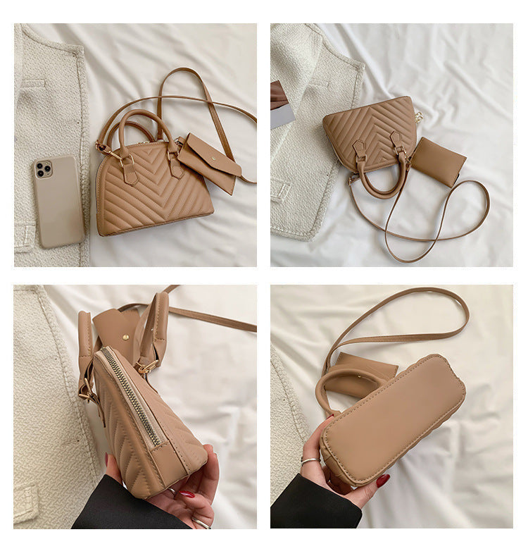 Tan quilted women's shoulder messenger bag with top handle and crossbody strap