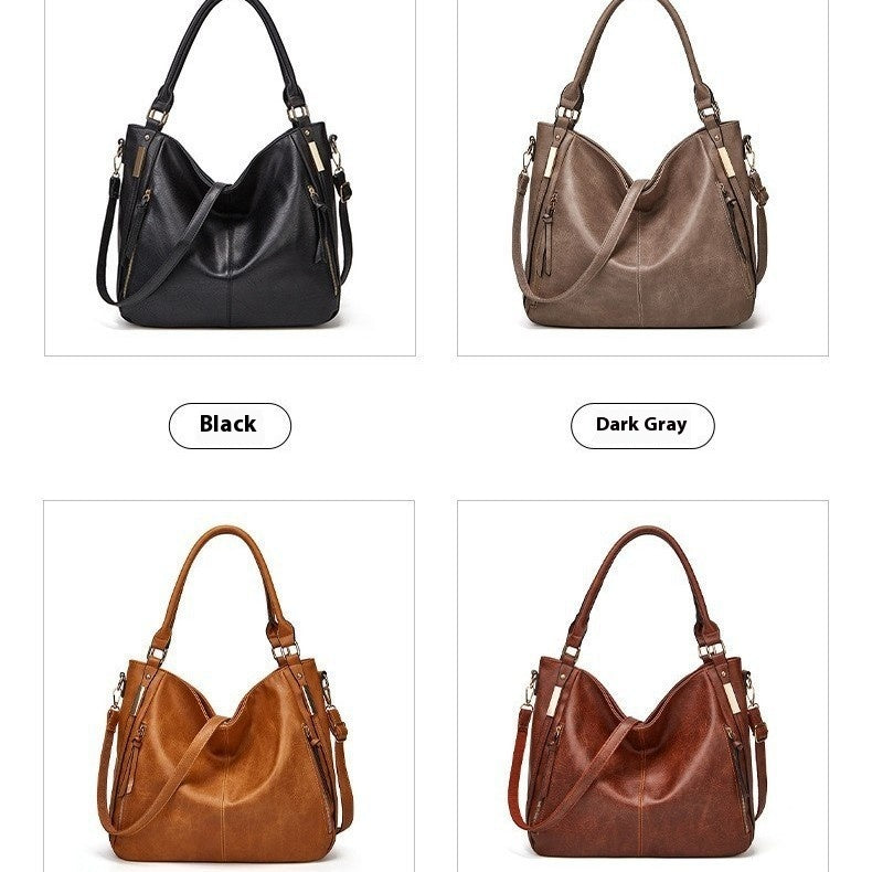 Set of tote shoulder bags in black, dark gray, taupe, and brown