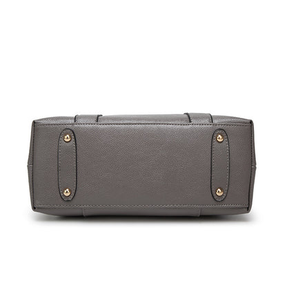 Dark grey structured handbag with top handle and front pocket panel with stud tabs