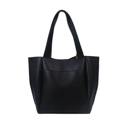 Black large-capacity tote handbag with two top handles and wide rectangular shape