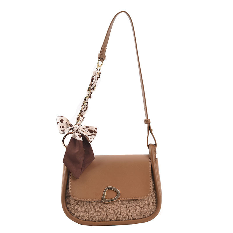 Small round velvet PU shoulder bag, coffee brown with bow scarf on chain strap