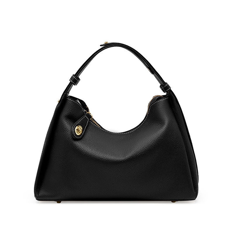 Black hobo crossbody shoulder bag with curved handle and gold-tone front clasp