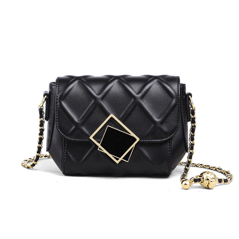 Black quilted leather crossbody bag with chain strap and square front clasp