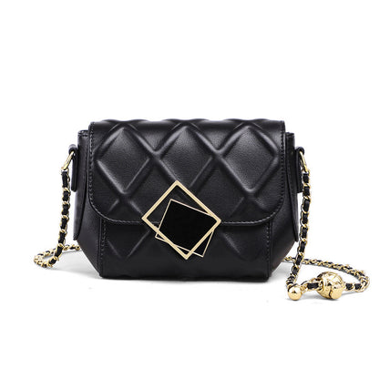 Black quilted leather crossbody bag with chain strap and square front clasp